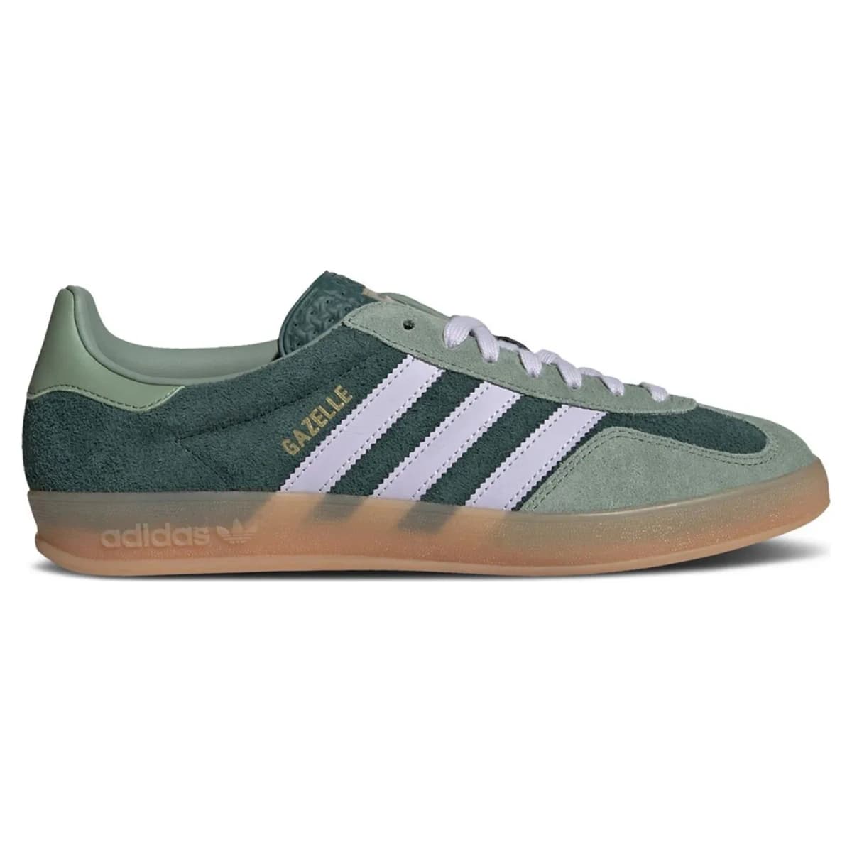 Adidas Gazelle Indoor Mineral Green Silver Dawn. Vista 1 del modelo. Imagen de catálogo del producto.