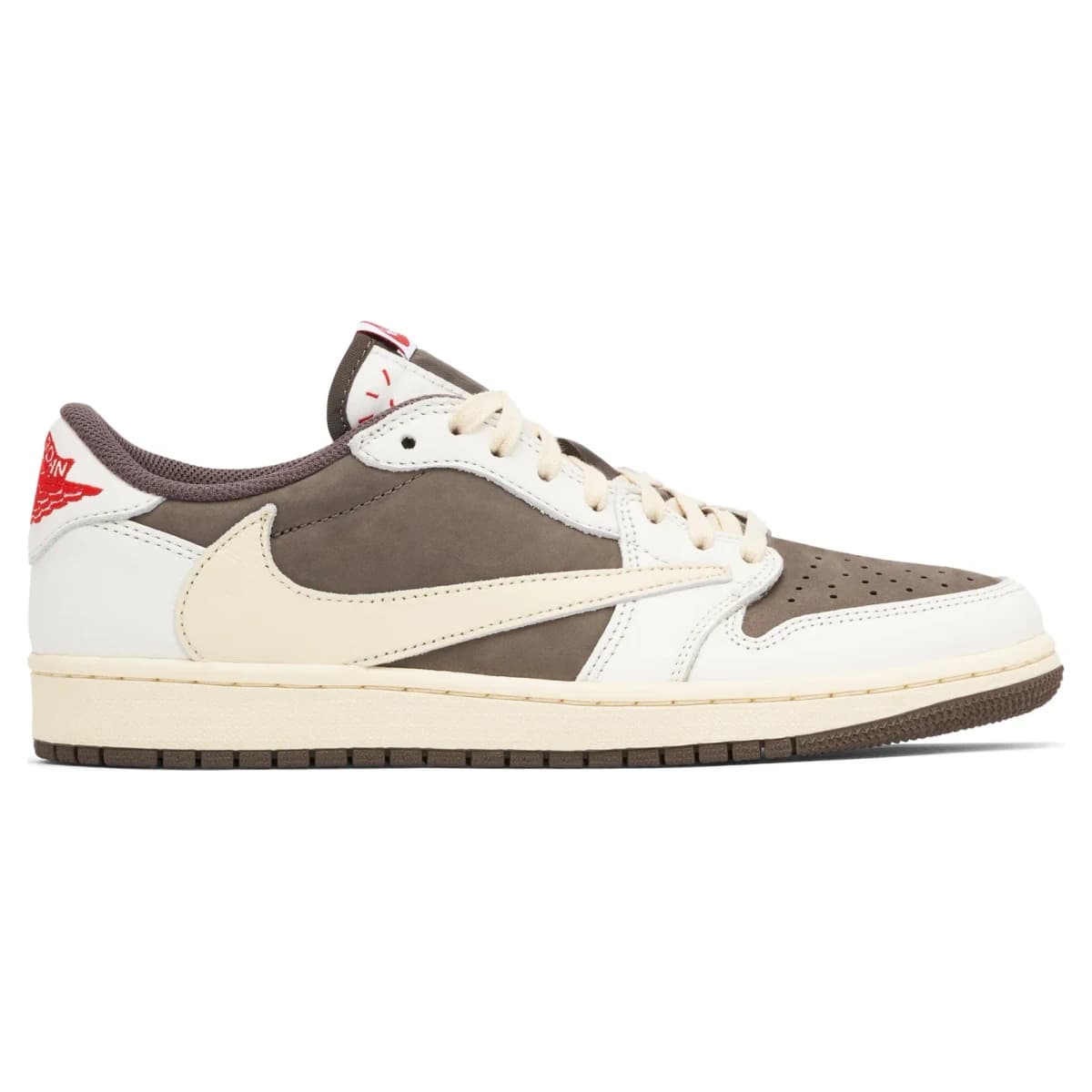 Travis Scott x Air Jordan 1 Retro Low OG SP Reverse Mocha. Vista 1 del modelo. Imagen de catálogo del producto.