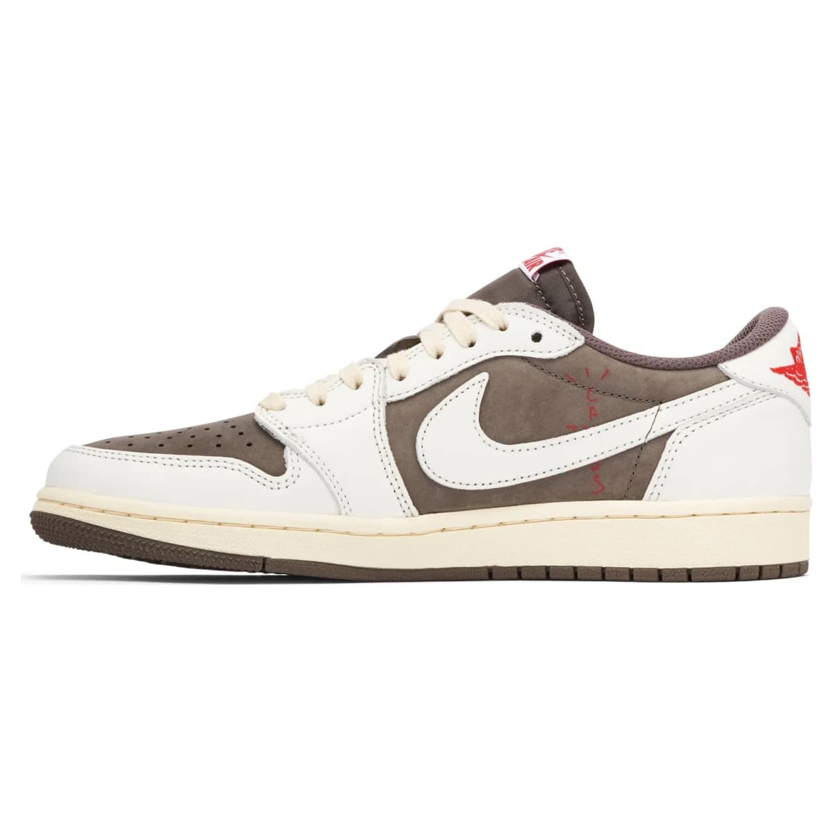 Travis Scott x Air Jordan 1 Retro Low OG SP Reverse Mocha. Vista 2 del modelo. Imagen de catálogo del producto.