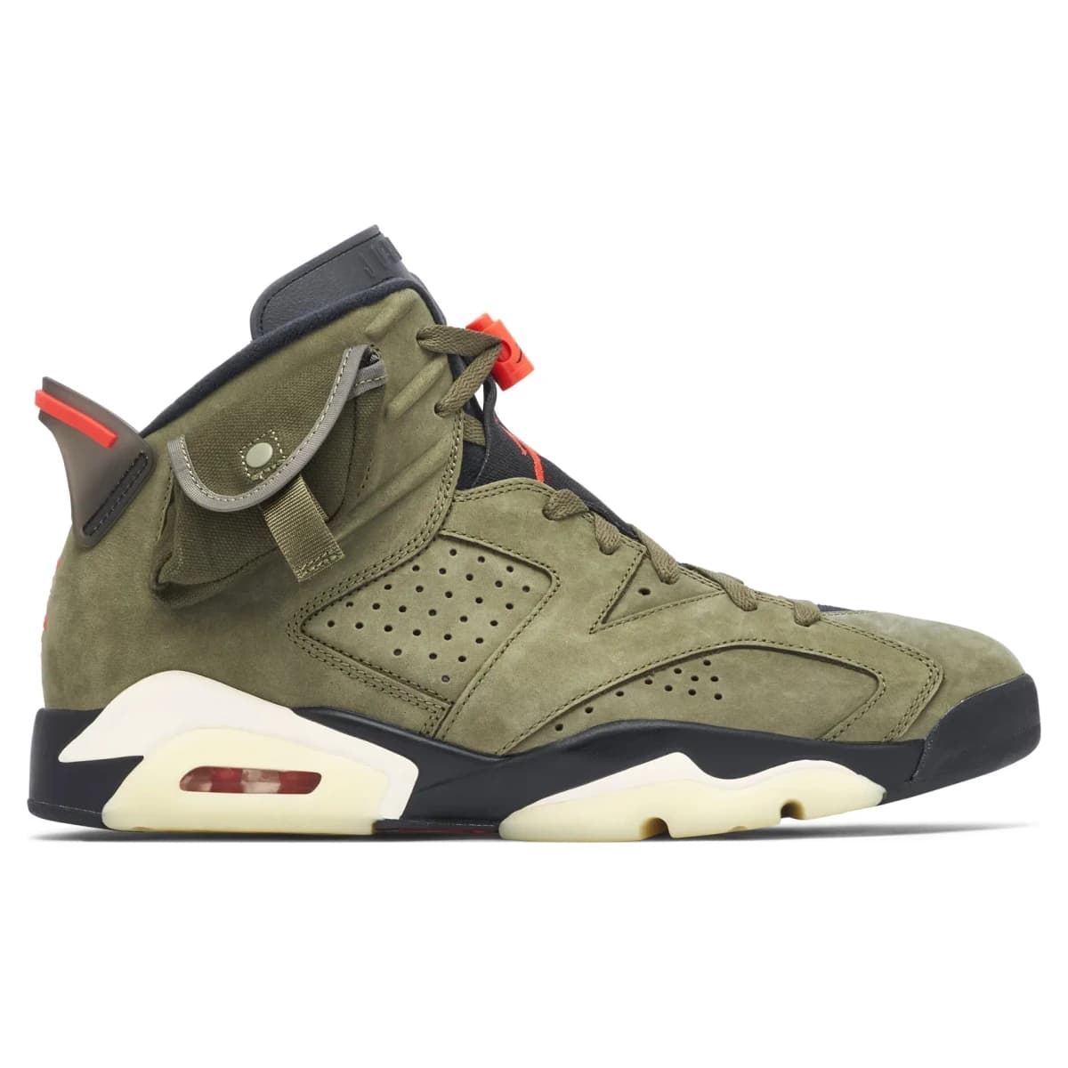Travis Scott x Air Jordan 6 Retro Olive. Vista 1 del modelo. Imagen de catálogo del producto.