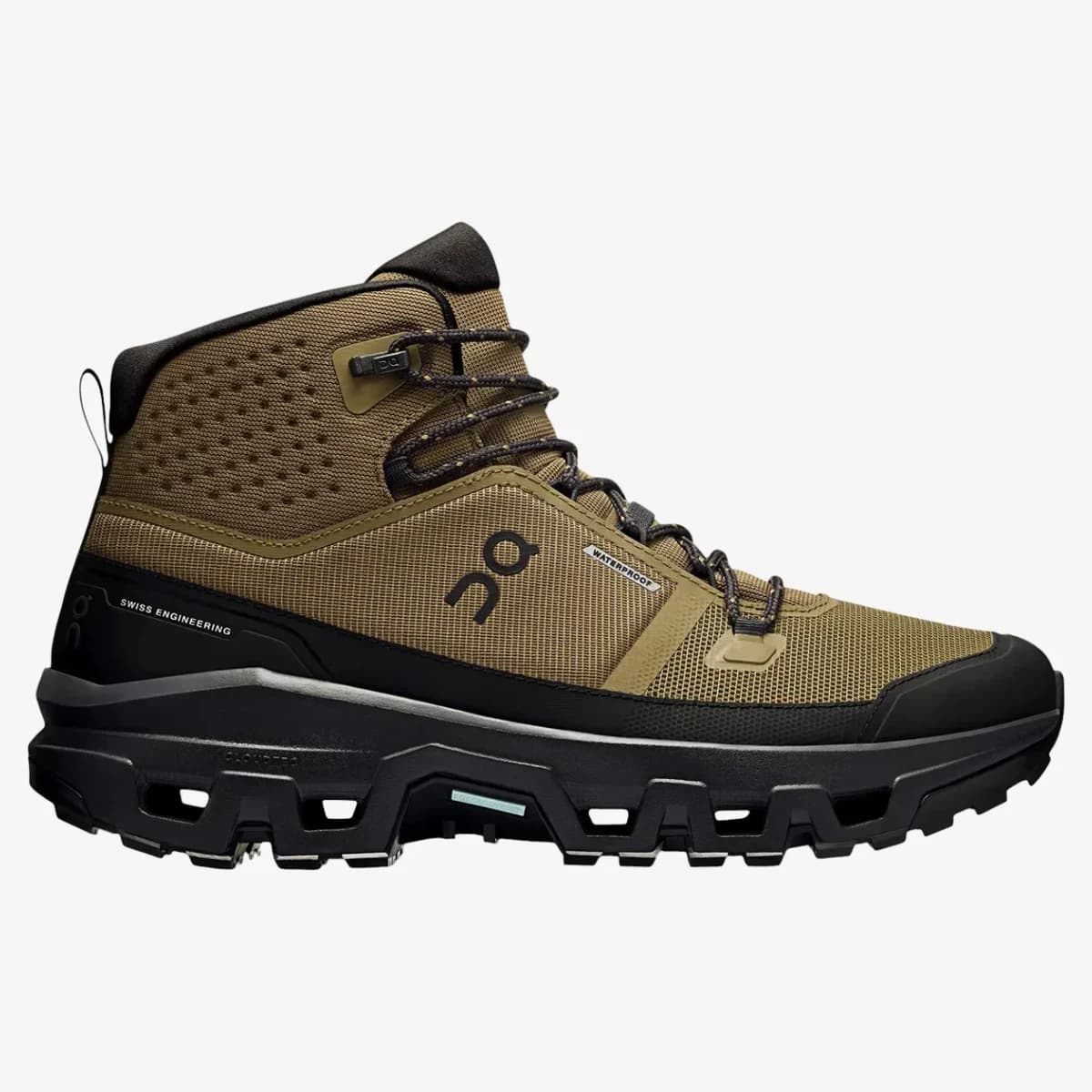 On Cloudrock Mid Waterproof Olivo. Vista 1 del modelo. Imagen de catálogo del producto.