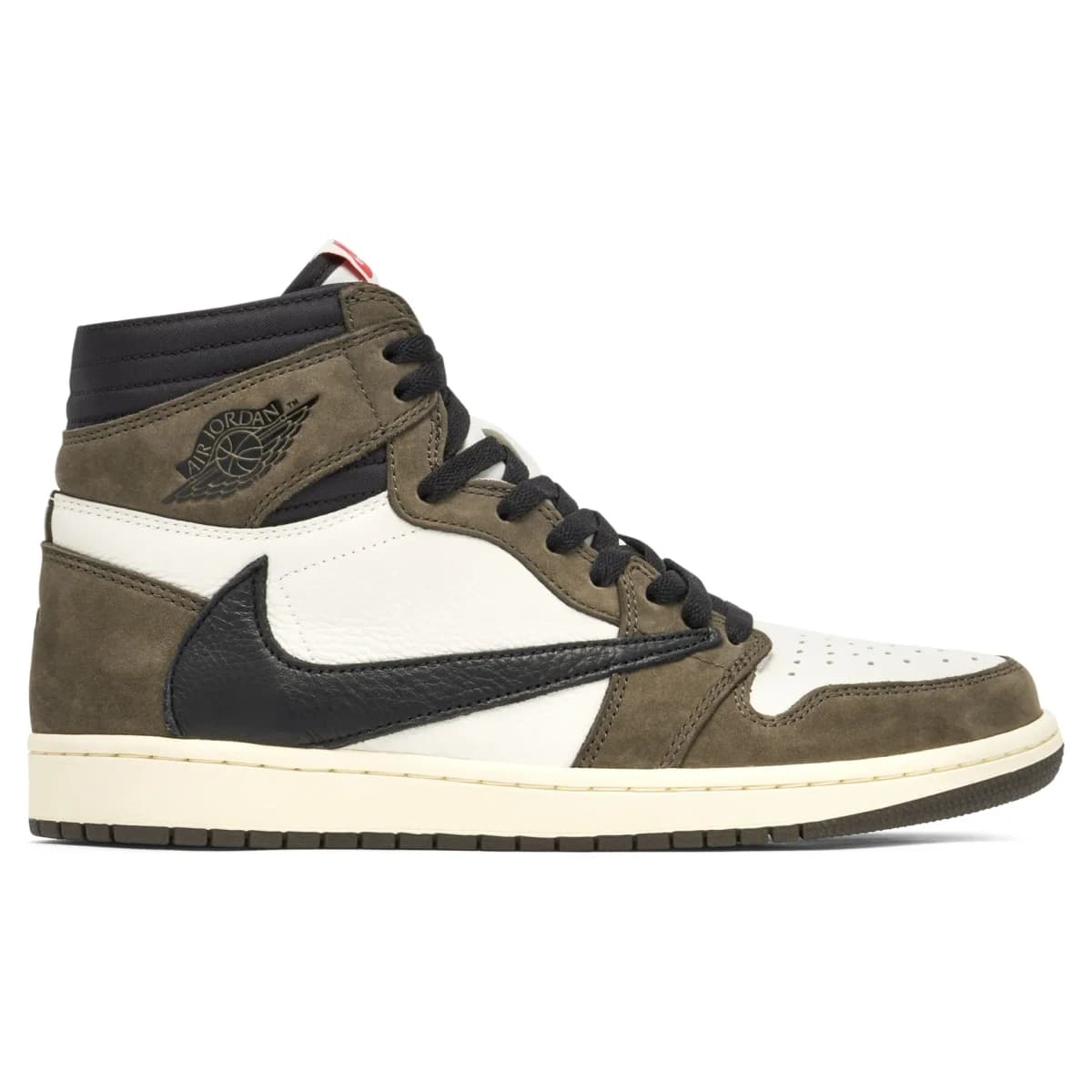 Travis Scott x Air Jordan 1 High OG Mocha. Vista 1 del modelo. Imagen de catálogo del producto.
