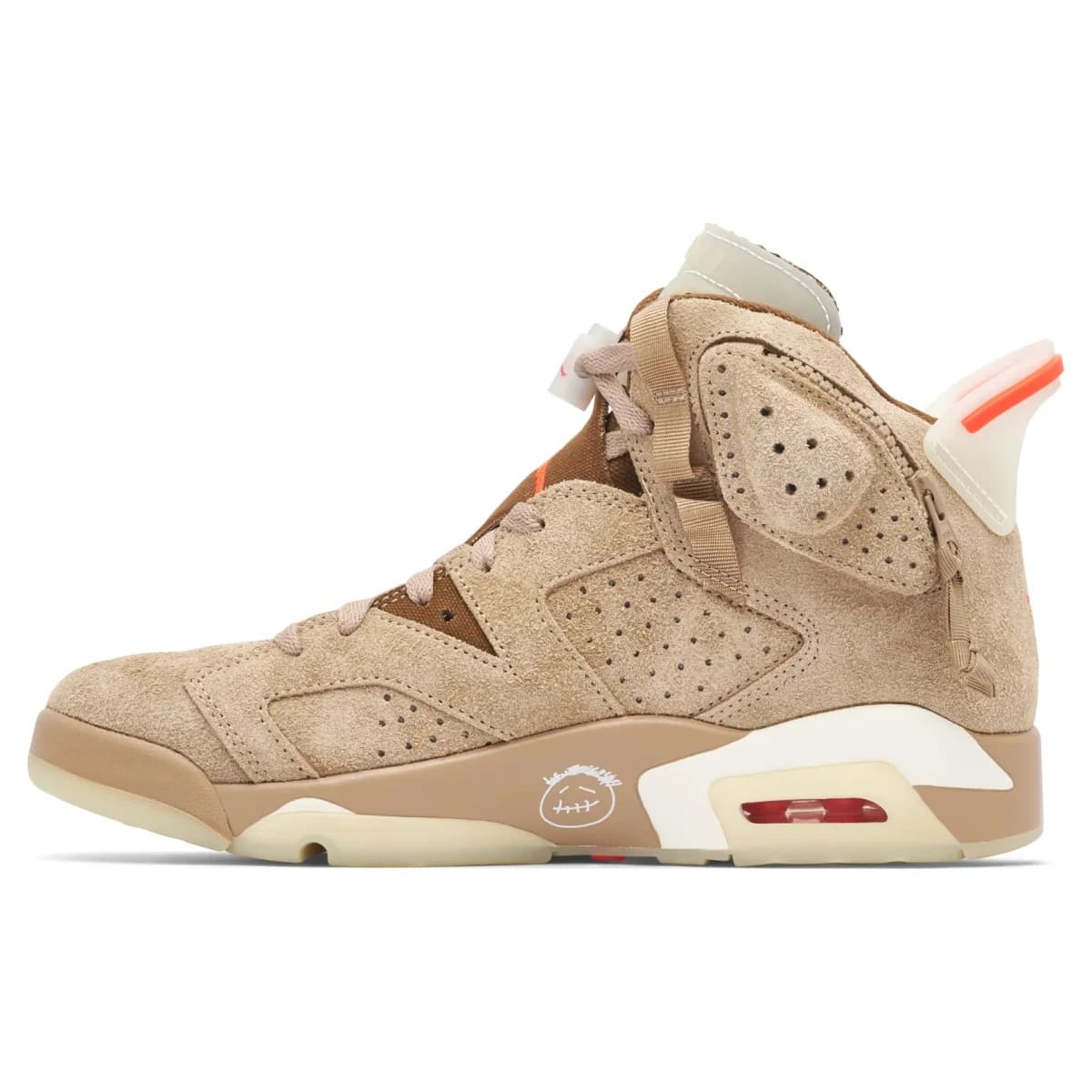 Travis Scott x Air Jordan 6 Retro British Khaki. Vista 2 del modelo. Imagen de catálogo del producto.